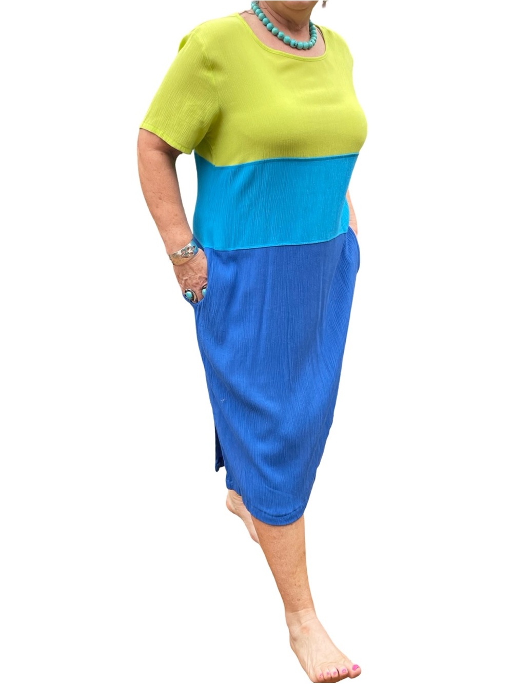 Vtg Diane Von Furstenberg Sheath Dress Color block Blue Green Summer L